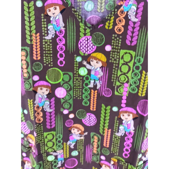 Nickelodeon Women's Scrub Top Size Small Dora The Explorer Brown Green Pink - Picture 2 of 6